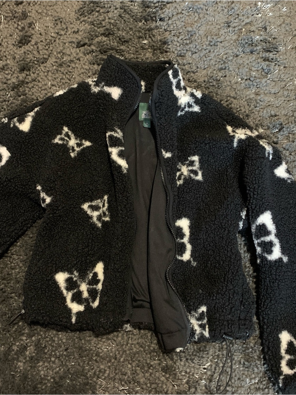 Black Sherpa Jacket with White Butterfly Print